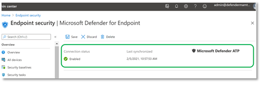 The intune-connector status pane in the Microsoft Defender portal.