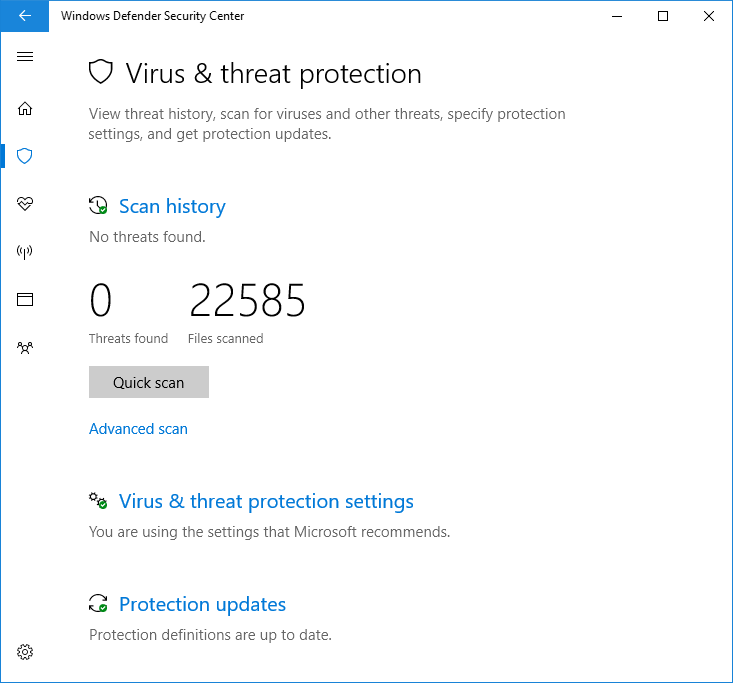 The Windows Security app showing Microsoft Defender Antivirus options, including scan options, settings, and update options