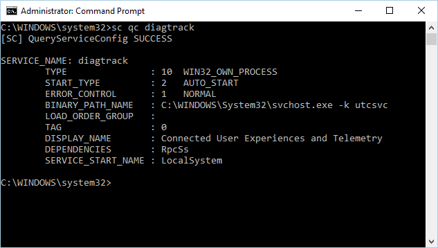 The result of the sc query command for diagtrack