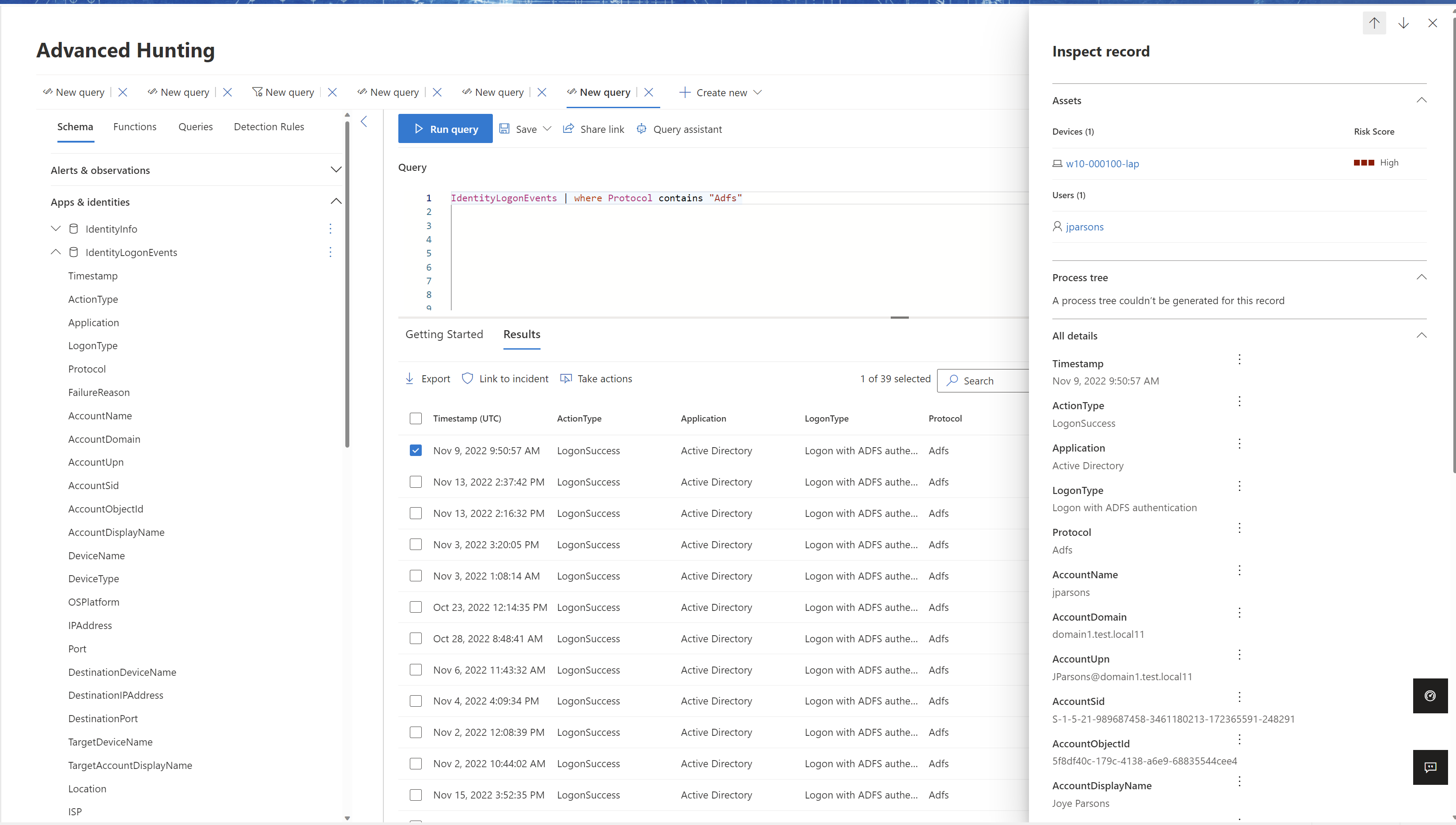Screenshot of the results of an Active Directory Certificate Services logon advanced hunting query.