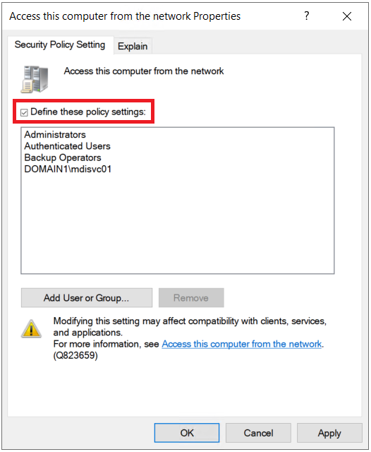 Screenshot of Security Policy Settings.