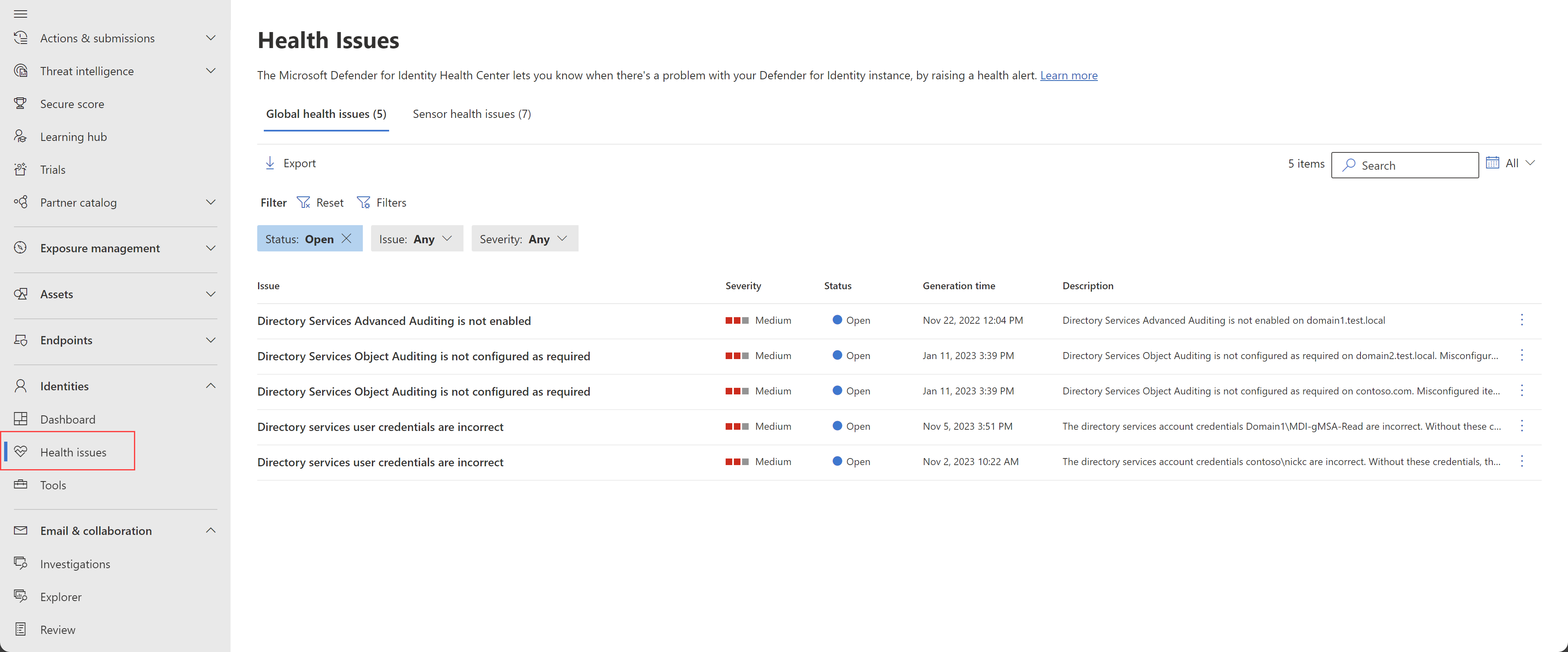 Screenshot of the Health Issues page.