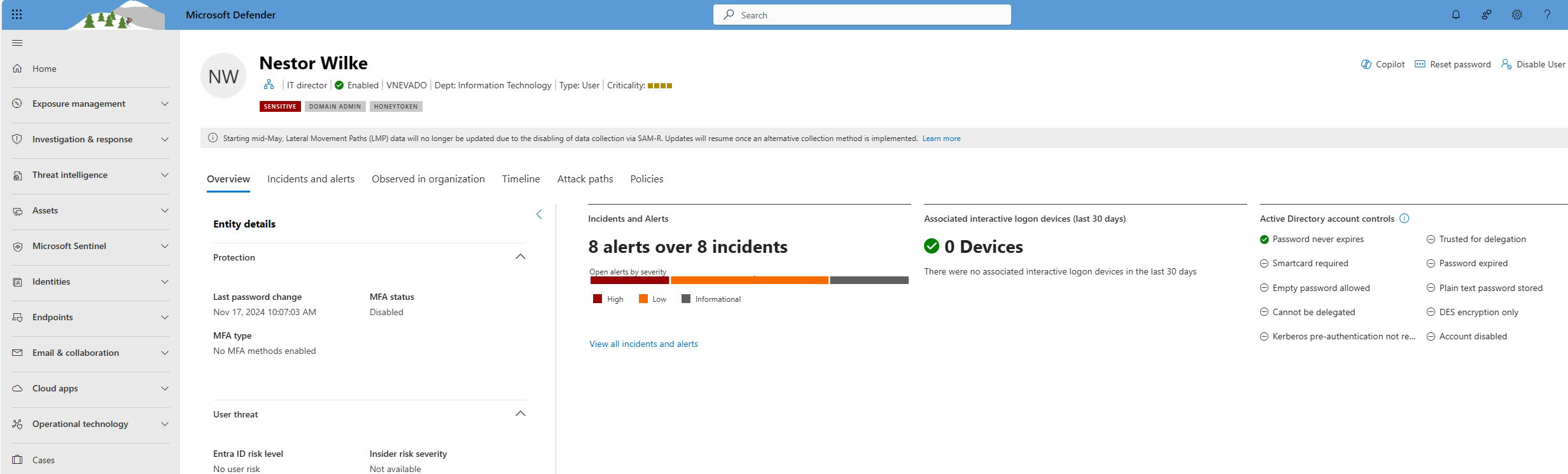 Screenshot that shows a specific user's page in the Microsoft Defender portal.