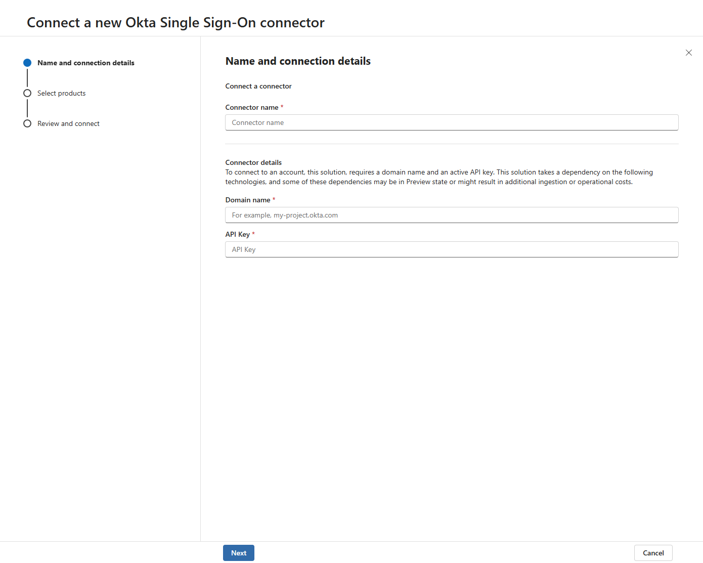 Screenshot that shows where to add the connector name, domain, and API key.