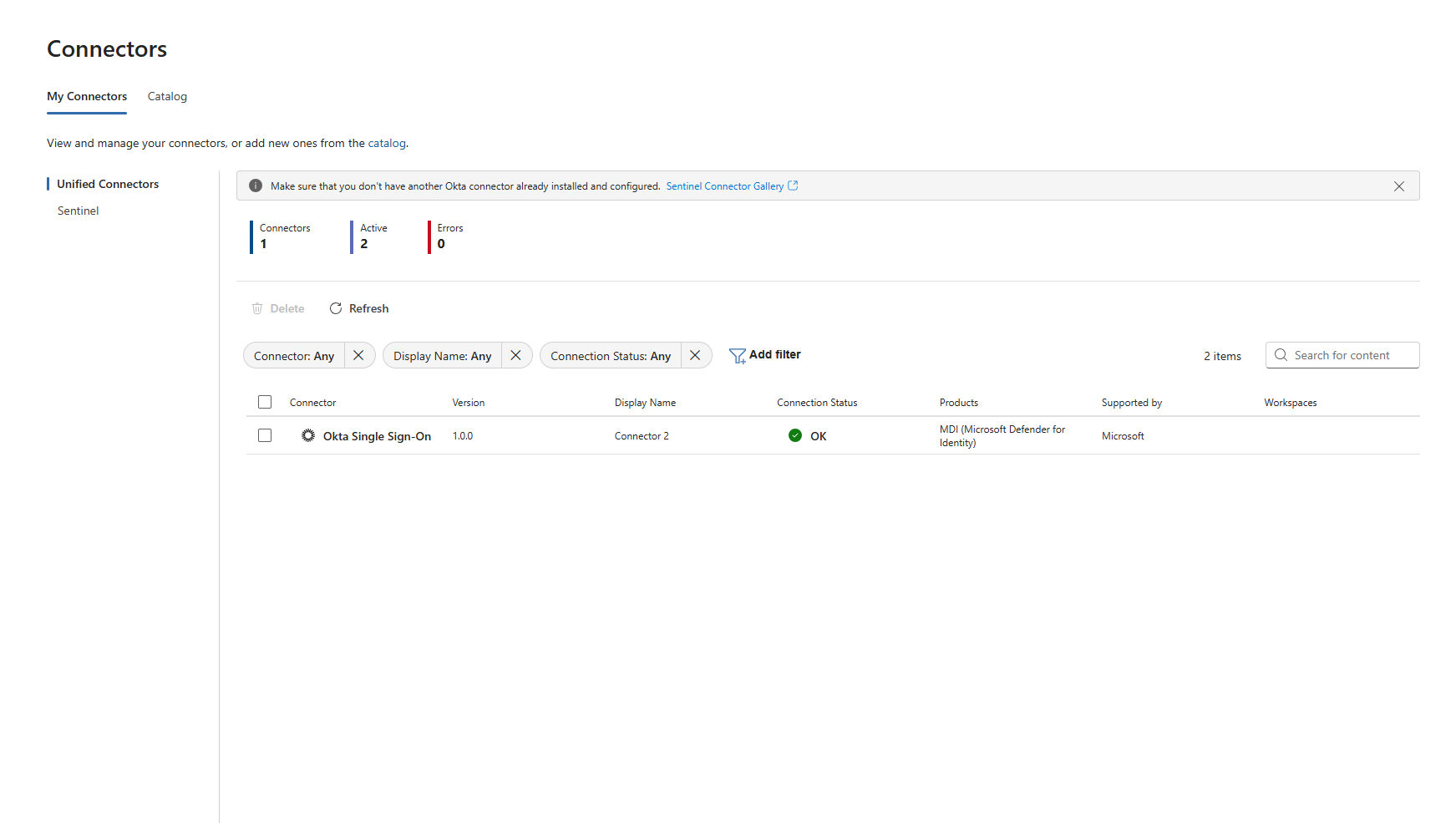 Screenshot that shows the Okta single sign-on connector was successfully connected.