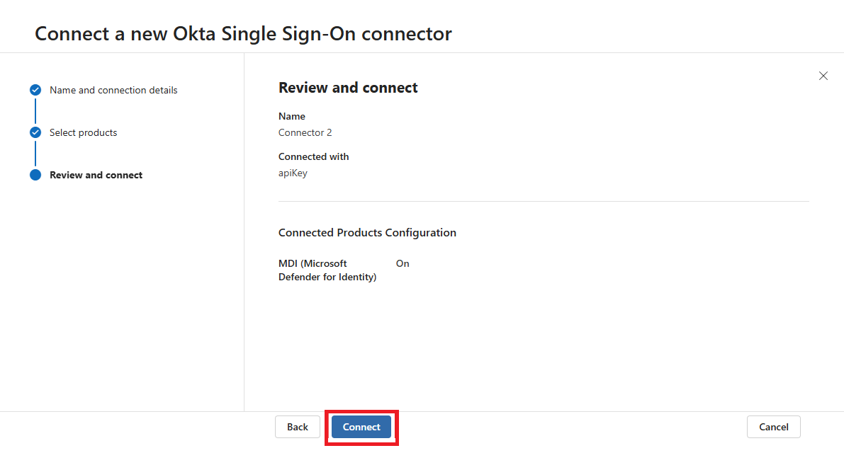 Screenshot that shows the Okta connector details.