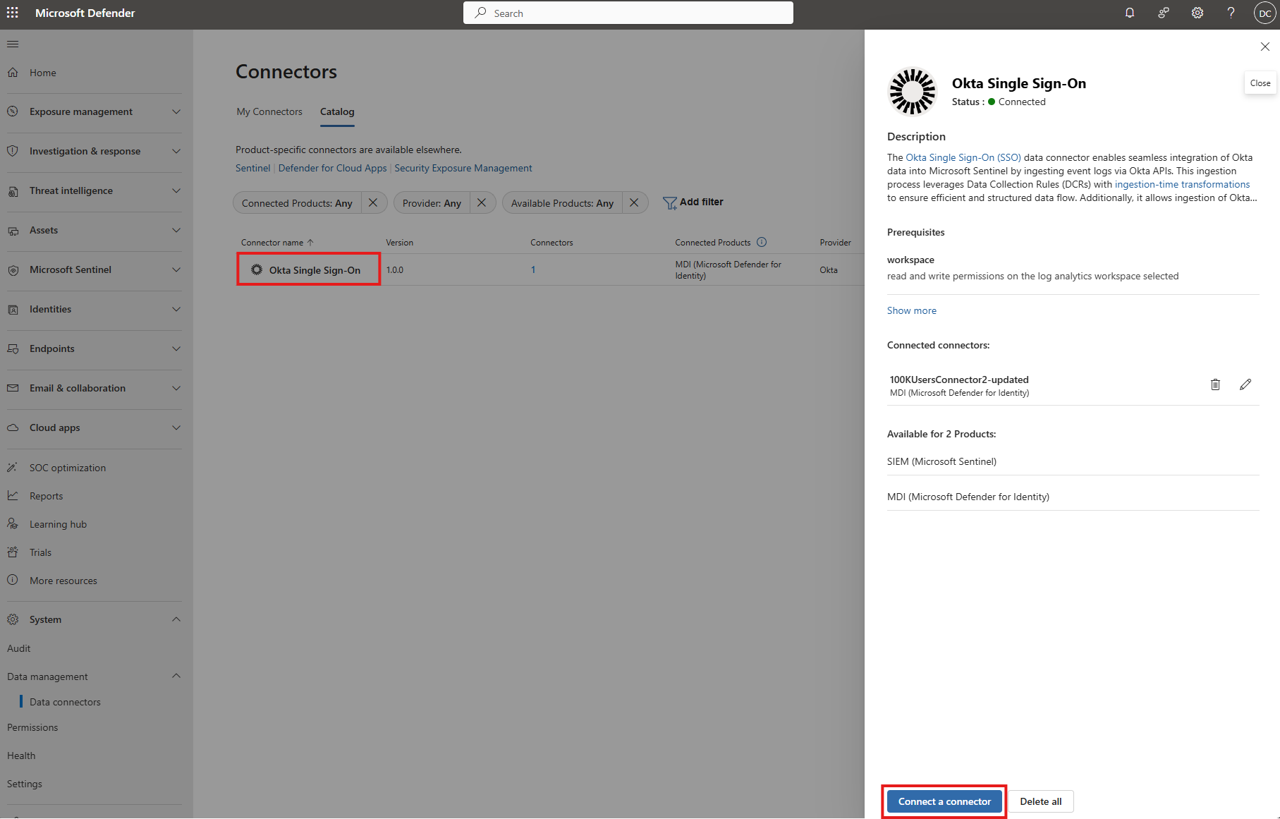 Screenshot that shows the connector option for Okta single sign-on.