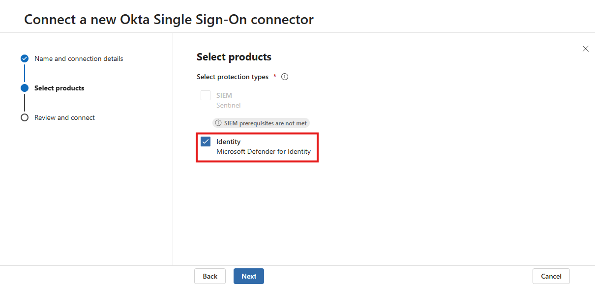 Screenshot that shows the product page for connecting Okta to Microsoft Defender for Identity.