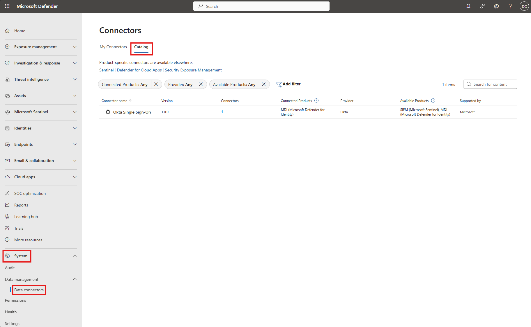 Screenshot showing where to find the Okta connector in the Defender portal.