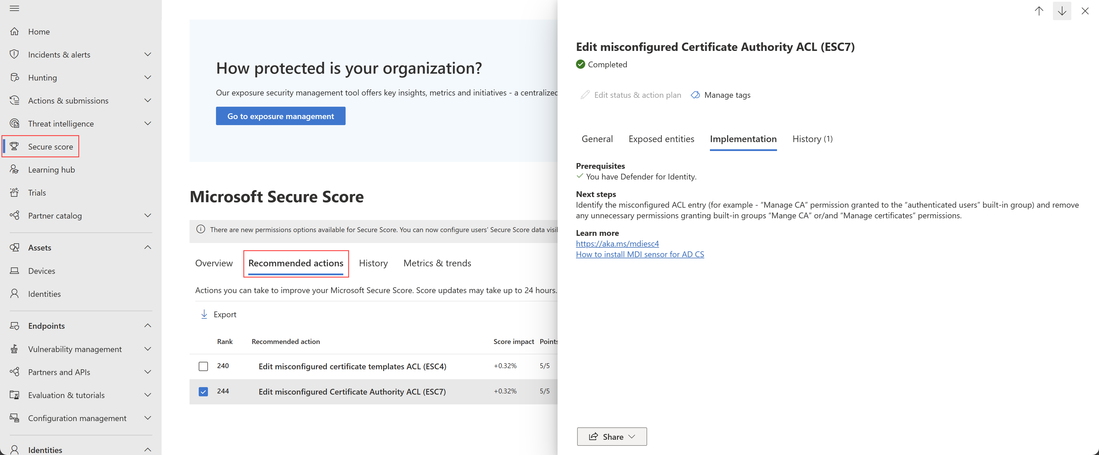 Screenshot of the Edit misconfigured certificate templates ACL (ESC4) recommendation.