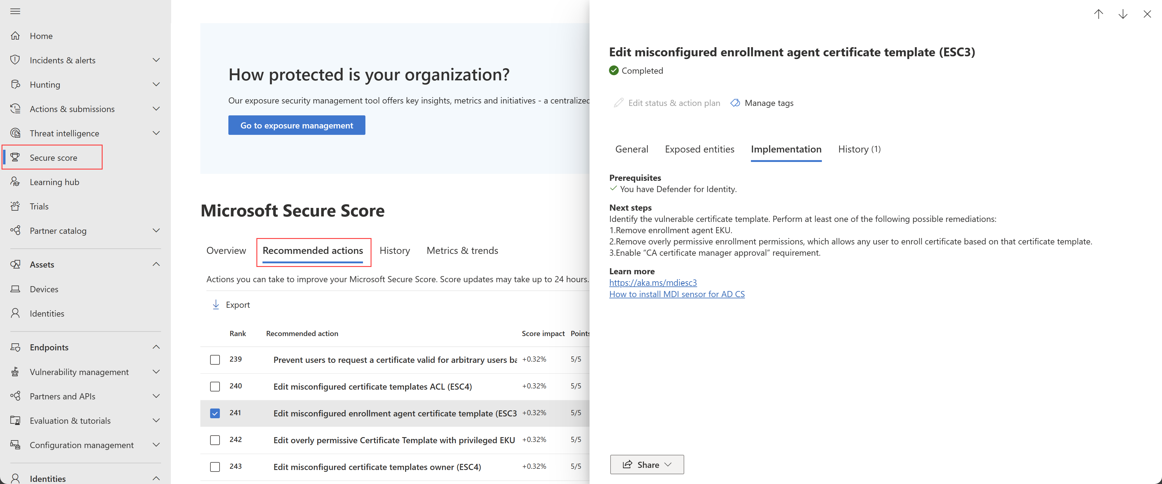 Screenshot of the Edit misconfigured enrollment agent certificate template (ESC3) recommendation.