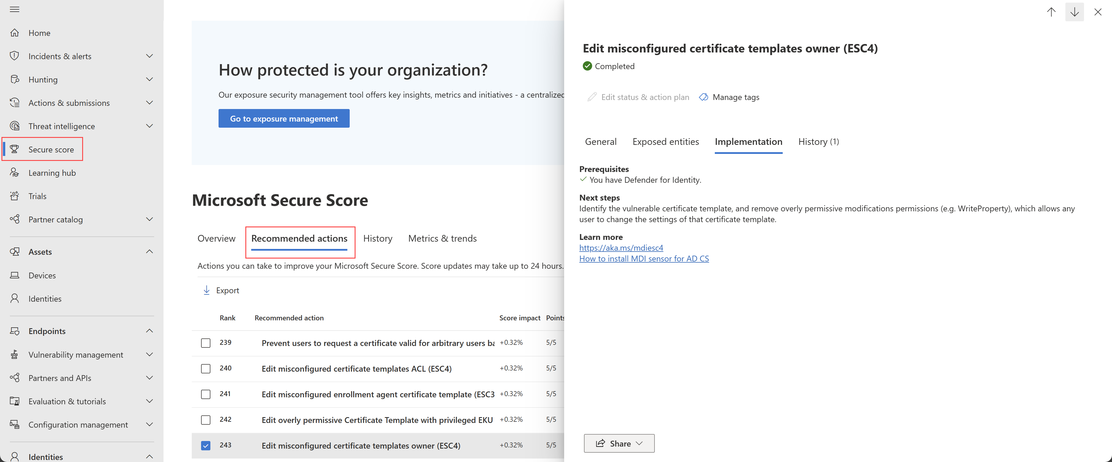 Screenshot of the Edit misconfigured certificate templates owner (ESC4) recommendation.