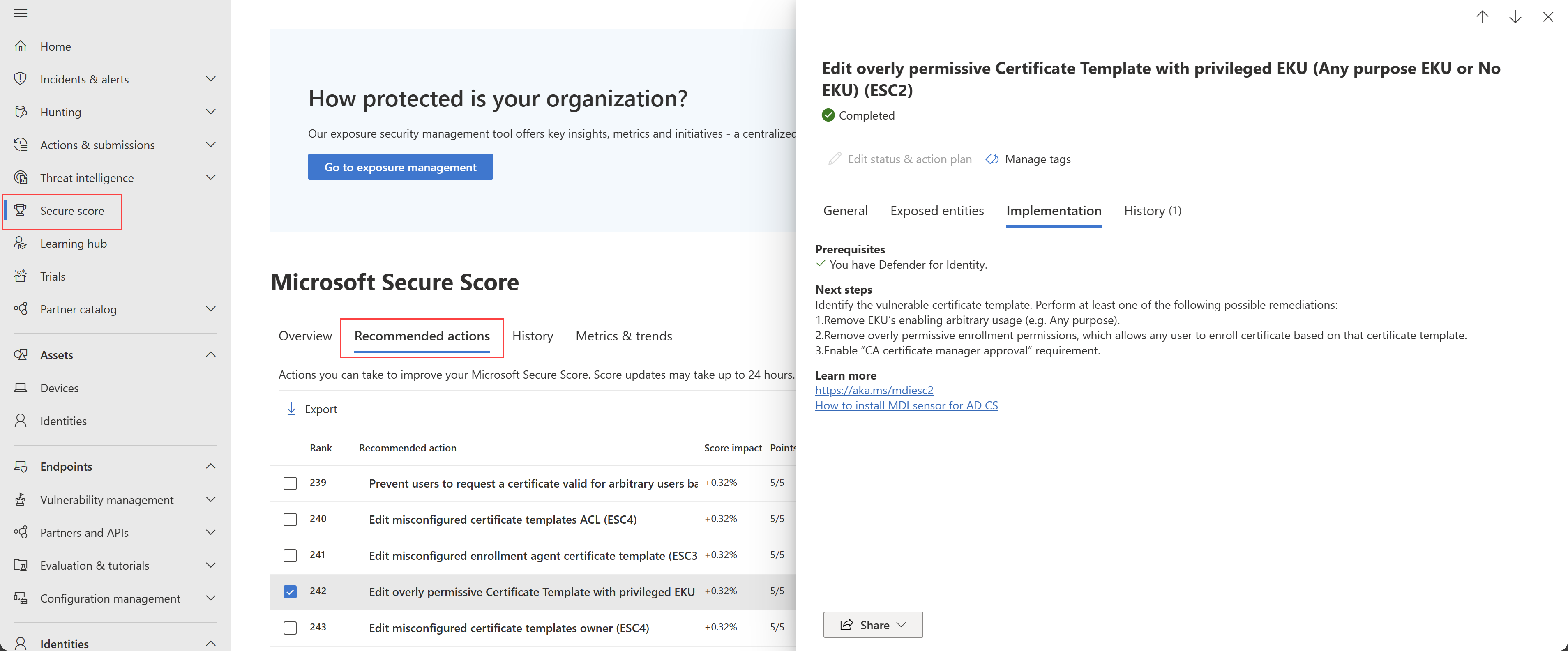 Screenshot of the Edit overly permissive certificate template with privileged EKU (Any purpose EKU or No EKU) (ESC2) recommendation.