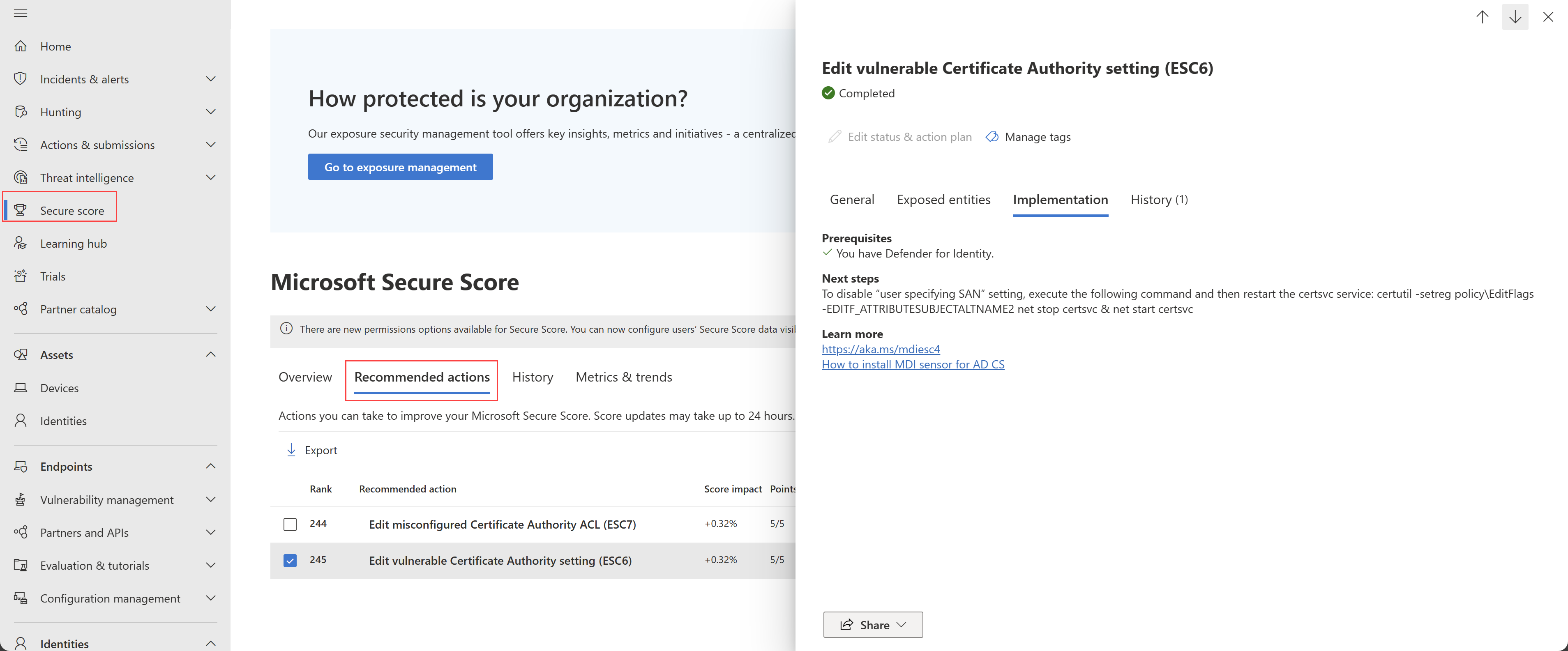 Screenshot of the Edit vulnerable Certificate Authority setting (ESC6) recommendation.