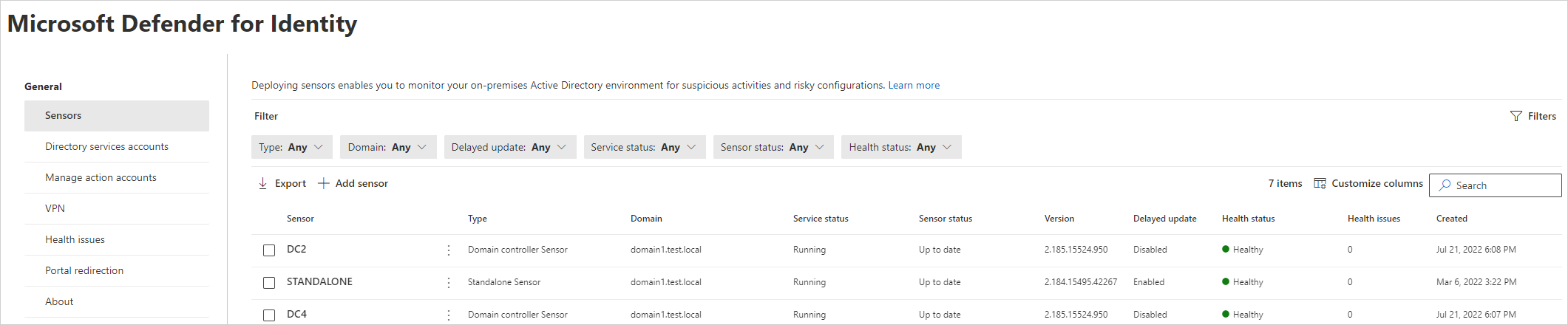 Screenshot of the Sensors page.