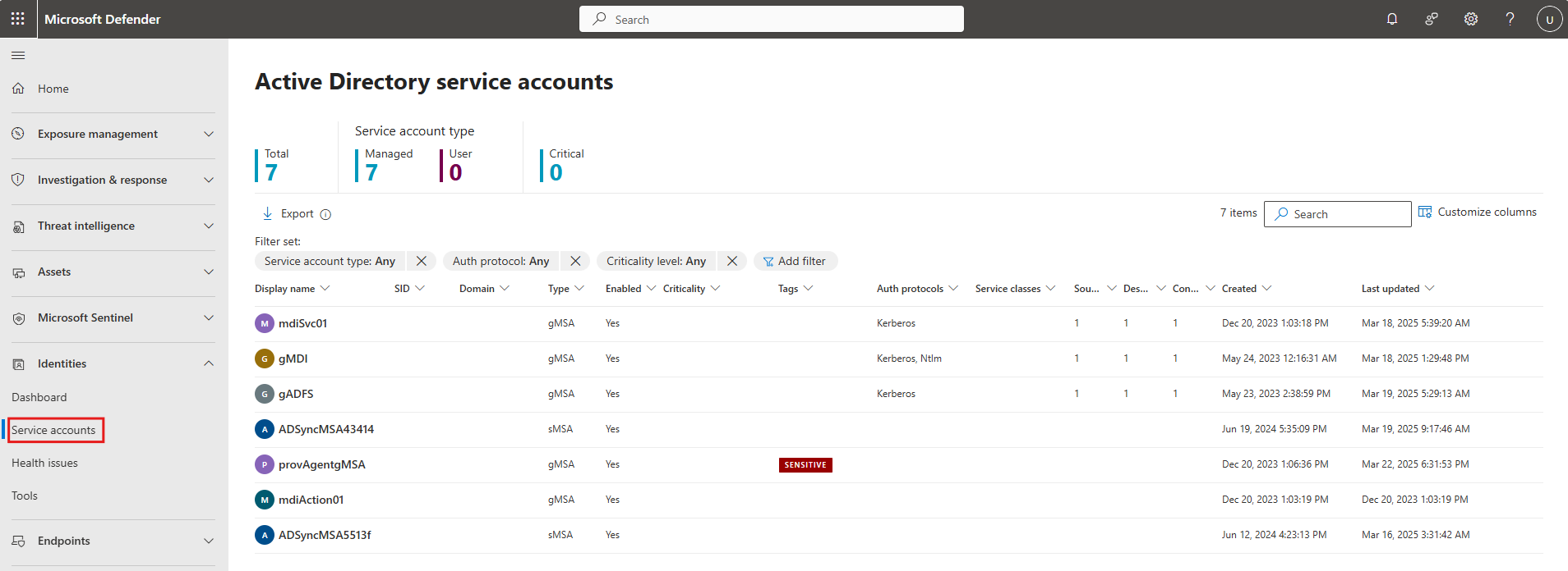 Screenshot of the Service accounts page in the Defender portal.