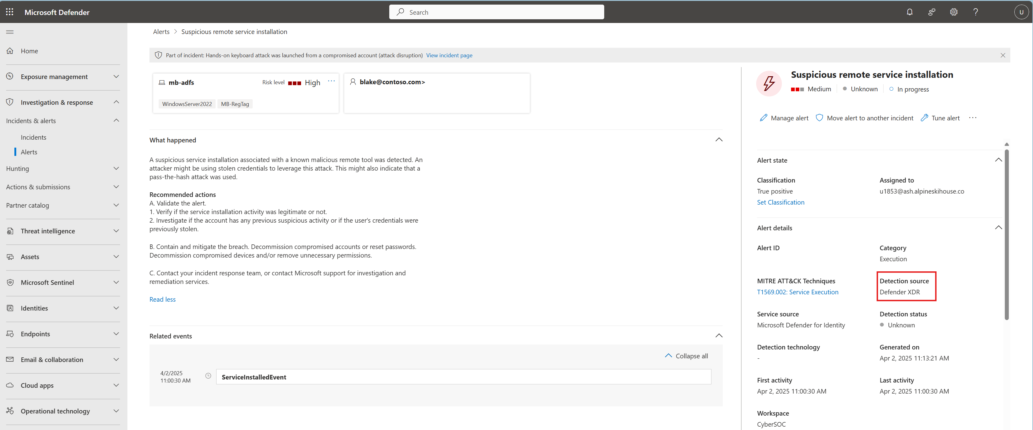 Screenshot showing the Defender for XDR alert structure