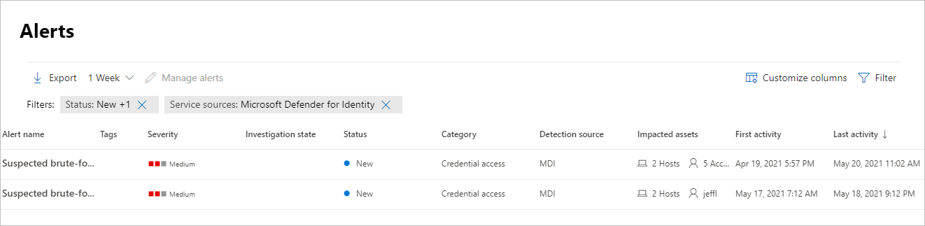 Screenshot showing the Alerts page in the Defender portal. Two alerts named Suspected brute-force are listed with full alert details.