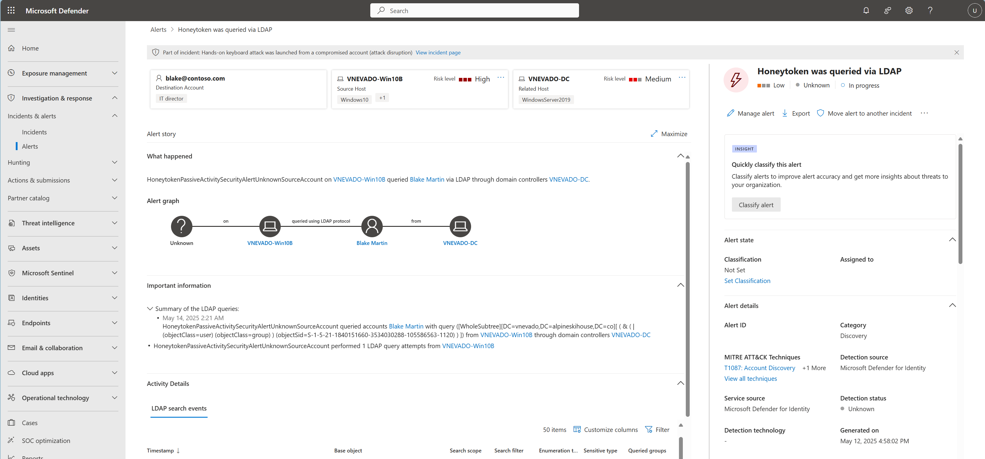 Screenshot showing the Defender for Identity alert structure.