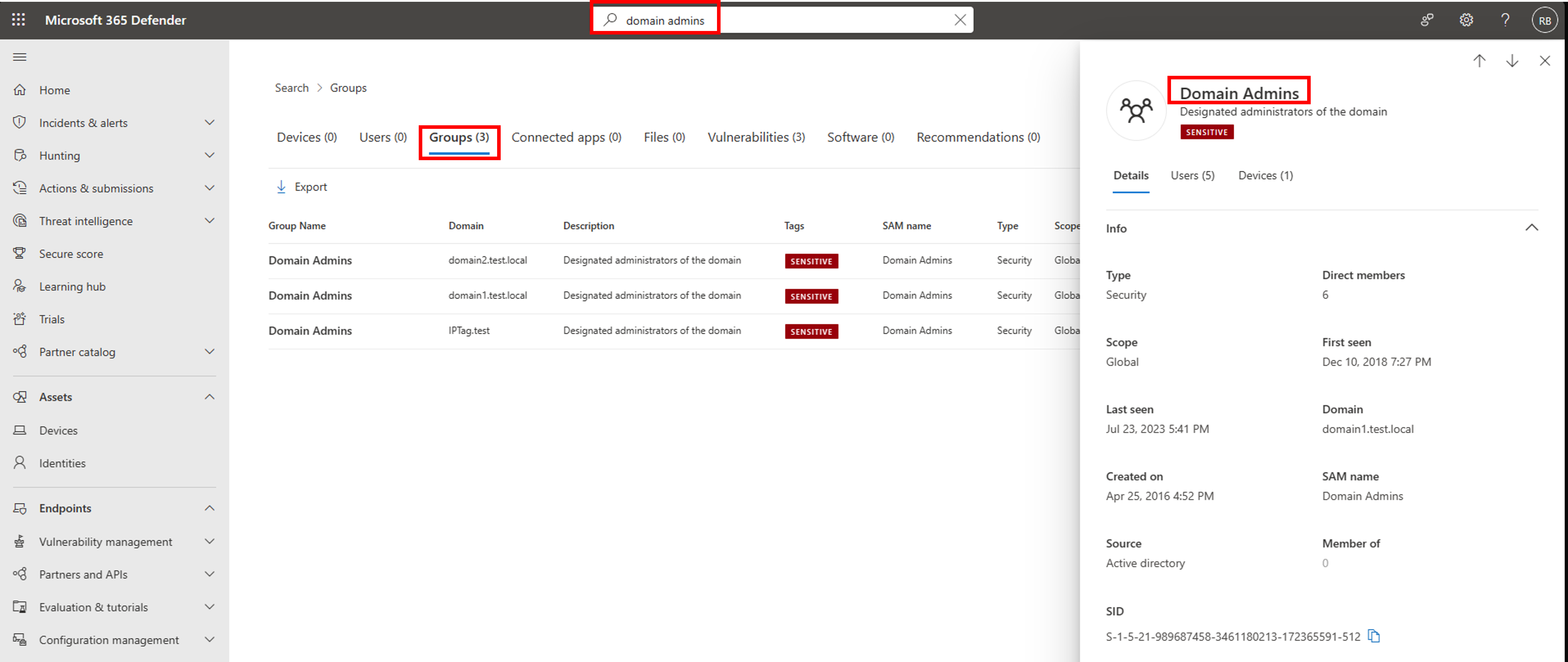 Screenshot of the Groups tab in the Microsoft Defender XDR global search.