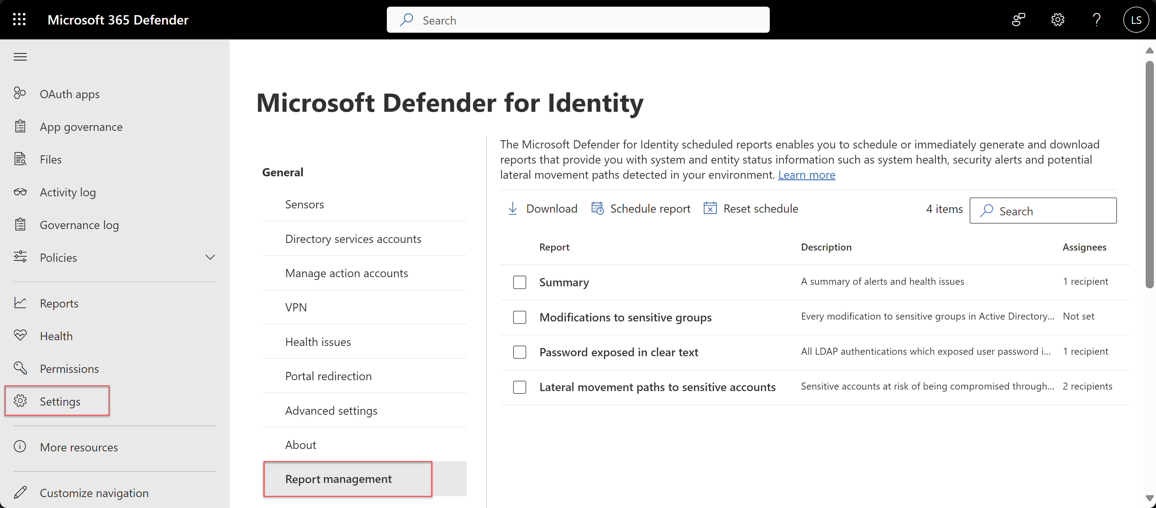 Screenshot of the Report management page.