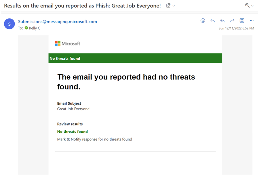 An example notification email for No threats found.