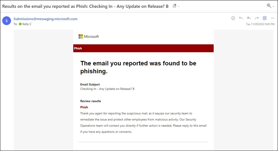 An example notification email for phishing or malware found.