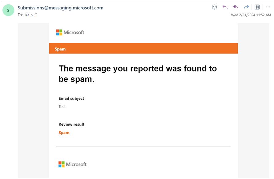 An example notification email for spam found.