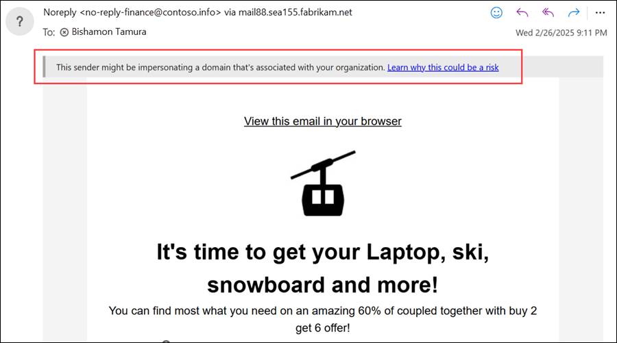 Screenshot of an email message with a domain impersonation safety tip.