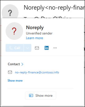 Screenshot of an unauthenticated sender in an email message.