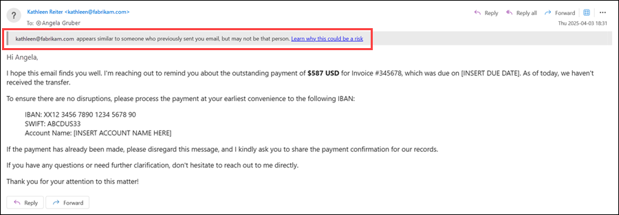 Screenshot of an email message with a user impersonation safety tip.