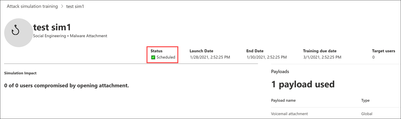 Simulation details showing the simulation in the Scheduled state