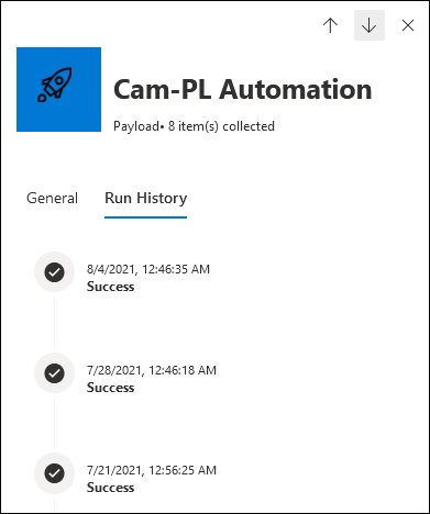 The Run history tab in the details flyout of a payload automation.
