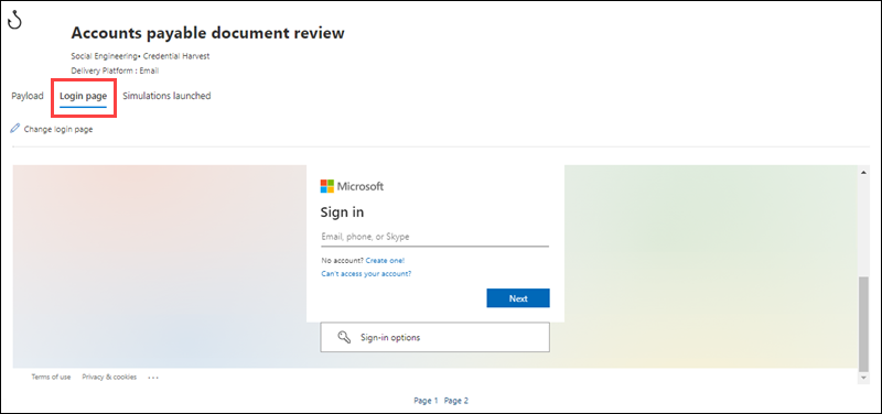 The login page tab in the payload details flyout in Attack simulation training in the Microsoft Defender portal