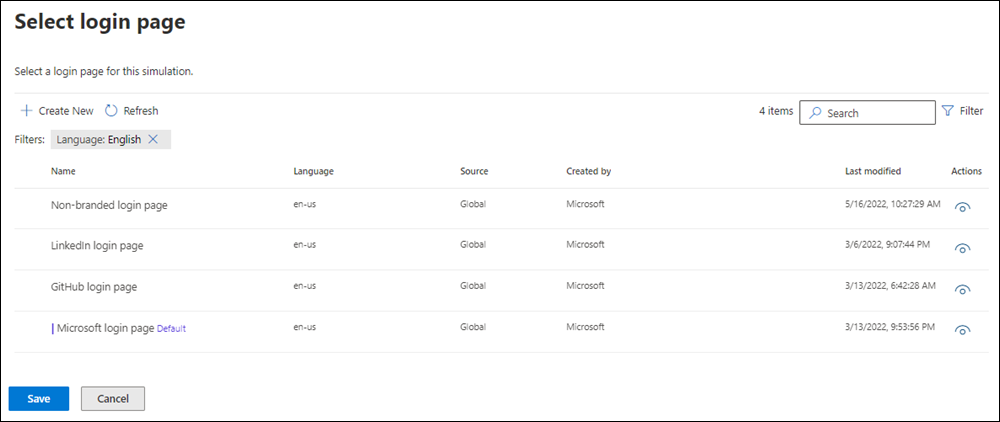 The Select login page in the Login page tab in payload details flyout in Attack simulation training in the Microsoft Defender portal