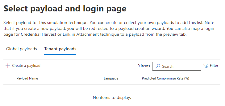 The Tenant payloads tab on the Select payload page with a payload selected and the Send a test action in Attack simulation training.