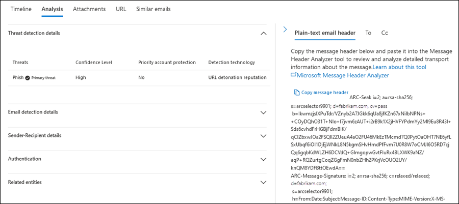 Screenshot of the Analysis view on the Email entity page.