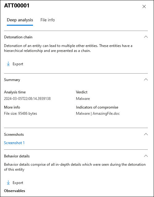 Screenshot of the file details flyout from the Attachments view on the Email entity page.