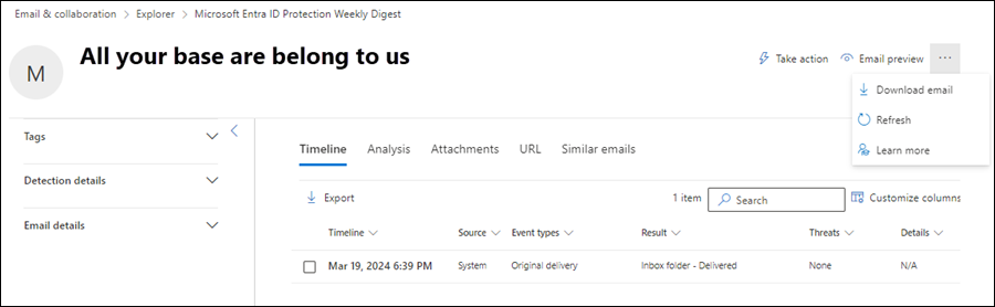 Screenshot of the Email entity page showing the available details pane and tabs.
