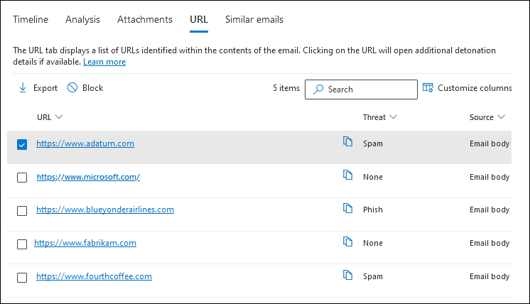 Screenshot of the URL view on the Email entity page.