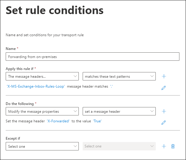 The rule conditions and action in the EAC for a mail flow rule to identify forwarded messages.