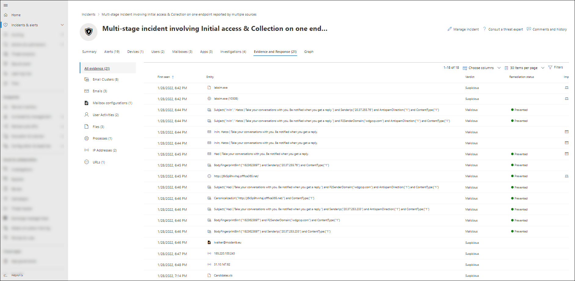 Evidence and alerts tab of the incident details in the Microsoft Defender portal.