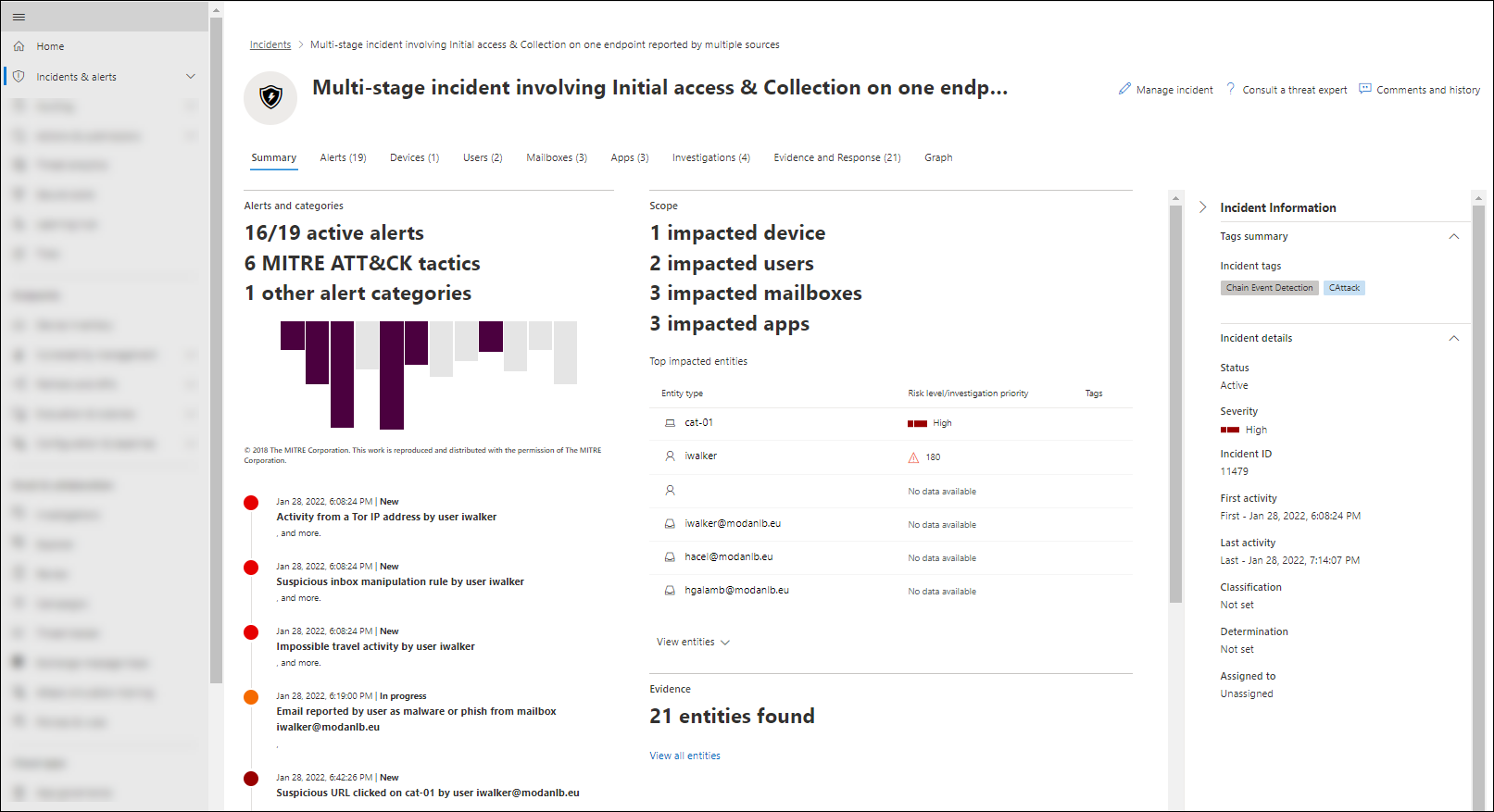 Summary tab of the incident details in the Microsoft Defender portal.