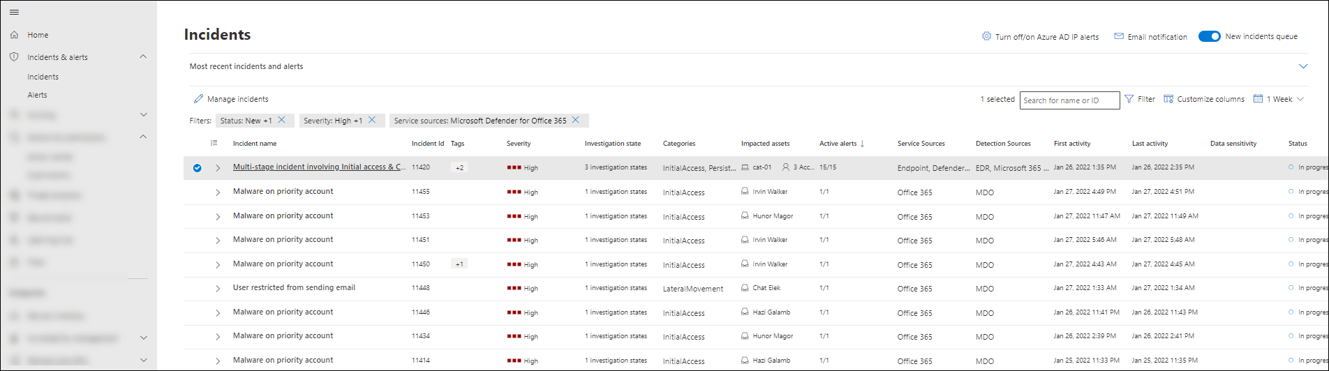 Incidents page in the Microsoft Defender portal.