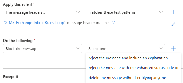 Screenshot of a mail flow rule to detect and block messages automatically forwarded to external recipients by Inbox rules.