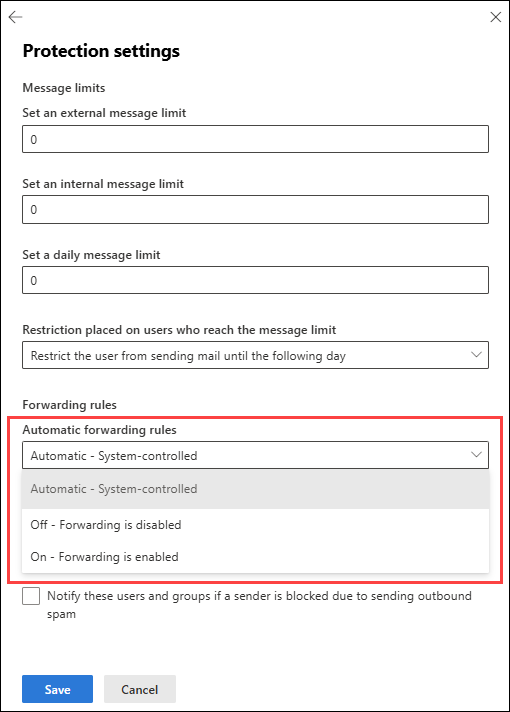 Screenshot of the Protection settings flyout in the properties of the default outbound spam filter policy with the Automatic forwarding rules options highlighted.