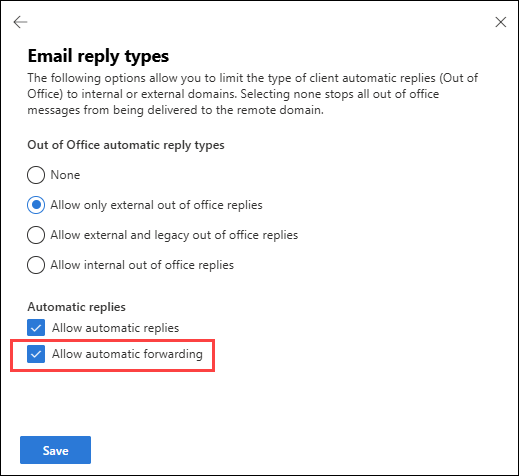 Screenshot of the Email reply types flyout in the properties of a remote domain in the Exchange admin center with the Allow automatic forwarding option highlighted.