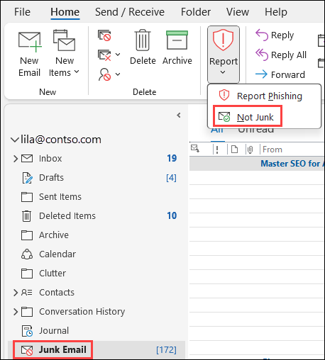 Screenshot of the Not junk selection from the Report button after selecting a message in the Junk Email folder in Outlook on the web.