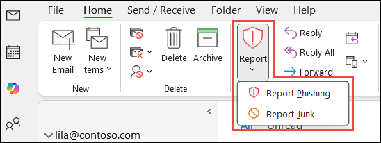 Screenshot of selecting the Report button after selecting a message in Outlook