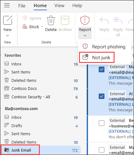 Screenshot of the Not junk selection from the Report button after selecting multiple messages in the Junk Email folder in Outlook on the web.